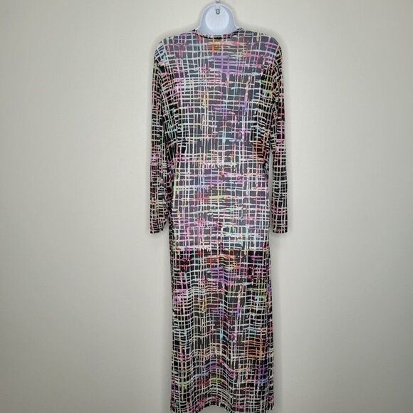 NYC multicolor maximalist electric artsy funky semi sheer side slits duster L - Picture 2 of 6